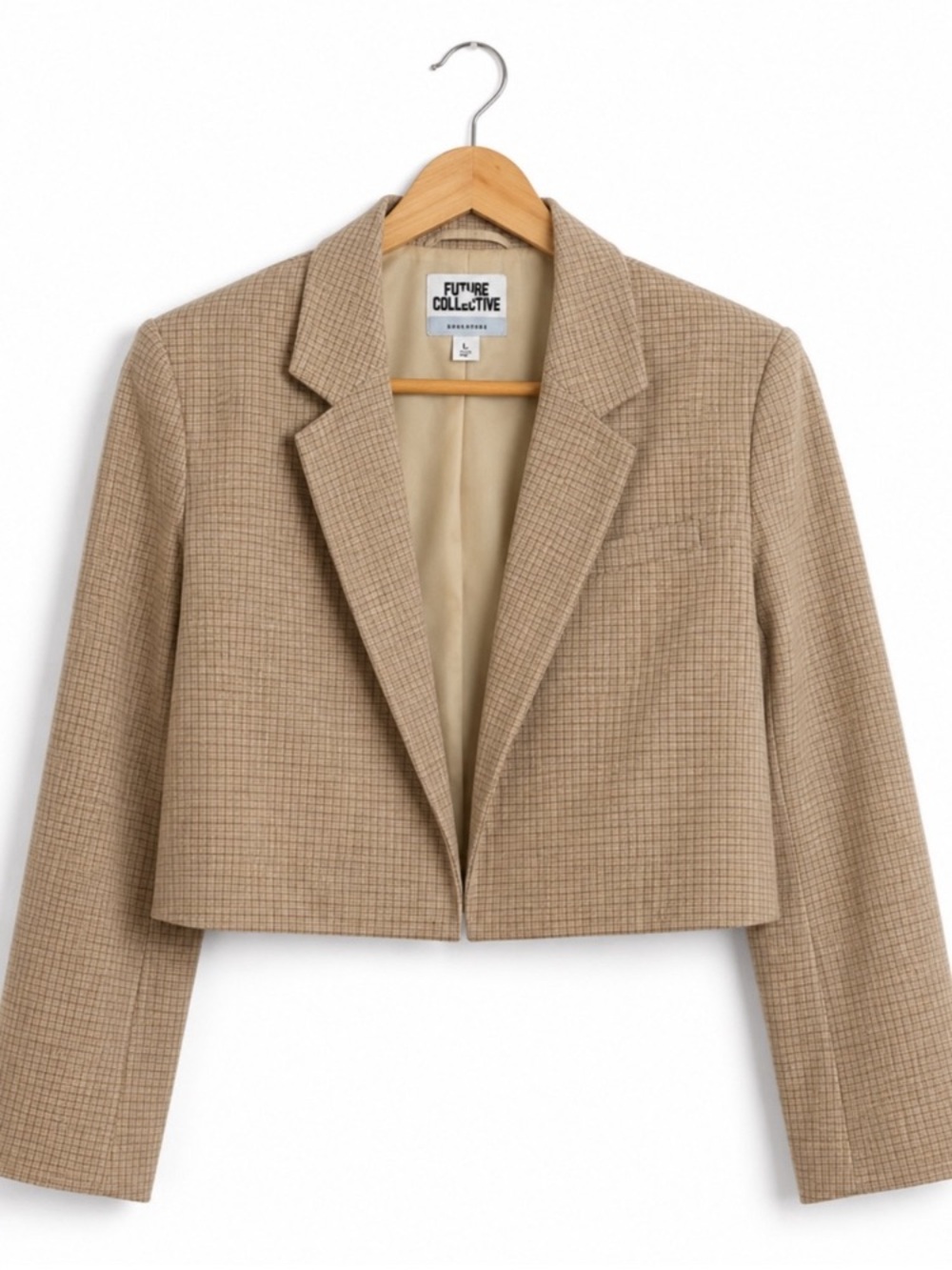 Future Collective tan wool plaid cropped blazer equestrian preppy fall jacket M